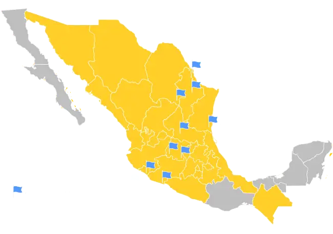 Map of Mexico highlighting TLE's national coverage with markers for its offices, hubs, and ports